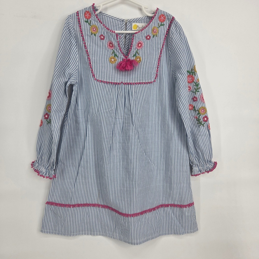 Mini Boden Dress 6-7Y Blue White Stripe Floral Embroidered Boho Eclectic Cottage